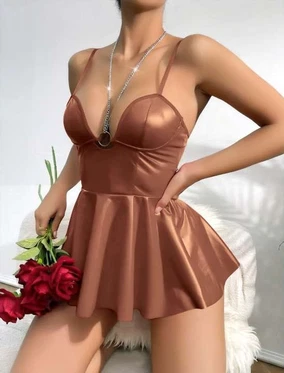 Sütlü Kahve Parlak Lame Seksi Kadın Elbise Real Passione 21093