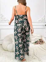 Transparan Çiçek Desenli İnce Askılı Büyük Beden Pijama Takımı Pink Night 6956 Yeşil detay görünüm
