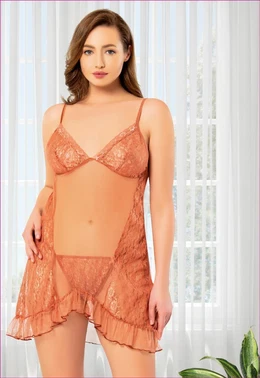 Miss Laris Transparan Dantelli Fırfırlı İnce Askılı Fantazi Gecelik Miss Laris 4406