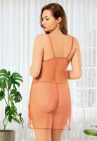Transparan Dantelli Fırfırlı İnce Askılı Fantazi Gecelik Miss Laris 4406 Somon detay görünüm