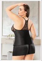 Transparan Göğüs Halter Yaka Büyük Beden Askılı Saten Şort Pijama Takım Miss Laris 4245 Siyah detay görünüm