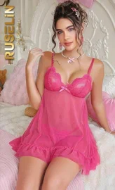 Ruselin Tül Dantel Pembe Seksi Kadın Gecelik Ruselin 2205