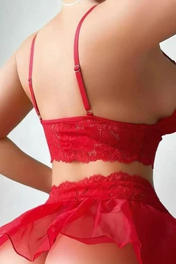 Ruselin Tül Etekli Kırmızı Bralet Erotik Jartiyer Takım Ruselin 2199 - Alternatif Görünüm