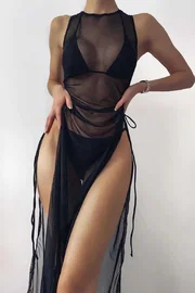 Angelsin Tül Pareo Siyah Plaj Elbisesi Angelsin MS 4402
