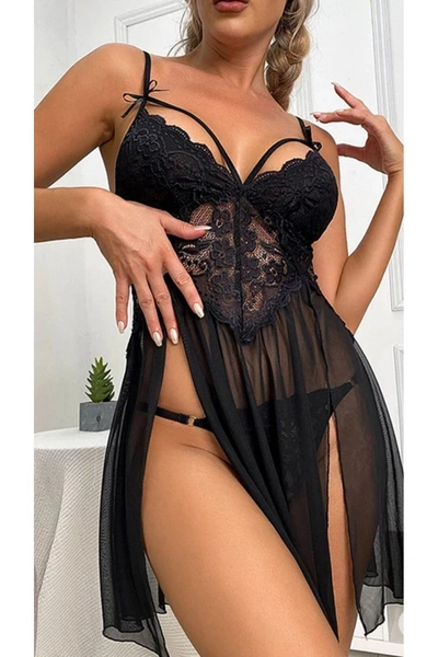 Tül Siyah Transparan Dantel İşlemeli Kadın Siyah Fantezi Gecelik Loomerie 527