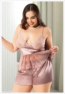 Miss Laris Tüllü İnce Askılı Büyük Beden Askılı Vizon Saten Şort Pijama Takım Miss Laris 4246