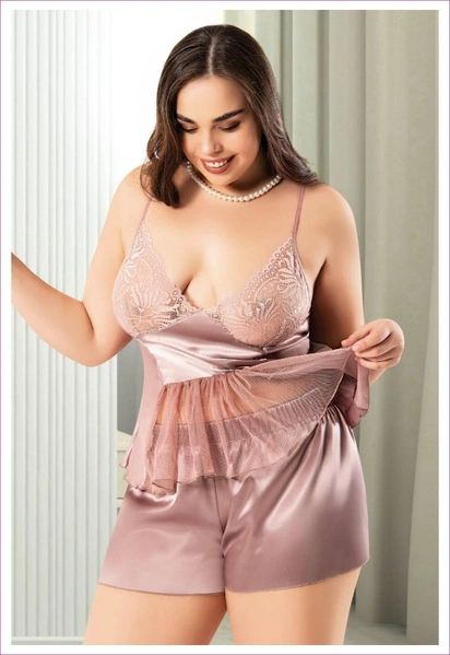 Tüllü İnce Askılı Büyük Beden Askılı Vizon Saten Şort Pijama Takım Miss Laris 4246