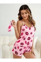 Uyku Bantlı Öpücük Desenli Askılı Pembe Şort Takım missisX 3037 Pembe görsel 5
