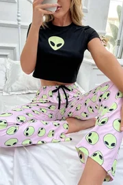 Uzaylı Baskılı Kısa Kollu Pijama Takımı Merry See MS 4085 Çok Renkli