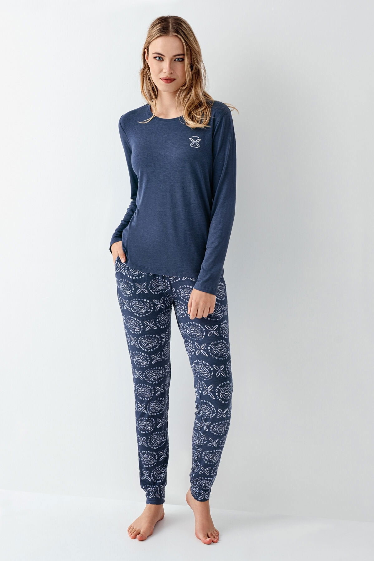 Uzun Kollu Desenli Mavi Kadın Pijama Takımı Arnetta 3400-S