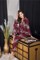 Uzun Kollu Düğmeli Desenli Kadın Pijama Takımı İzabel 4006 Bordo detay görünüm