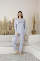 Uzun Kollu Kalp Desenli Yazlık Viskon Kadın Pijama Takımı Estiva 25112 Mavi