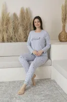 Uzun Kollu Kalp Desenli Yazlık Viskon Kadın Pijama Takımı Estiva 25112 Mavi görsel 4