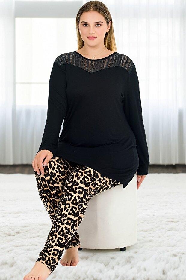 Uzun Kollu Leopar Desenli Büyük Beden Kadın Pijama Takımı Lady 11387