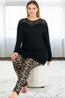 Uzun Kollu Leopar Desenli Büyük Beden Kadın Pijama Takımı Lady 11387 Siyah