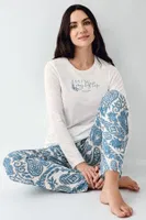 Uzun Kollu Önü Yazılı Cepli Desenli Kadın Pijama Takımı Pierre Cardin PC9074-S Krem