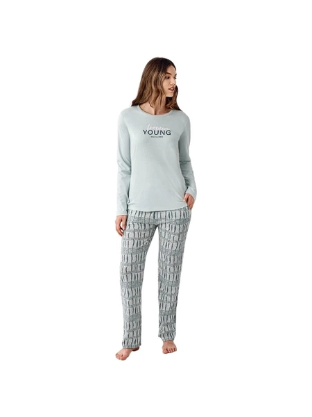 Uzun Kollu Önü Yazılı Cepli Yuvarlak Yaka Kadın Pijama Takımı Arnetta AR3405-S