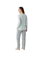 Uzun Kollu Önü Yazılı Cepli Yuvarlak Yaka Kadın Pijama Takımı Arnetta AR3405-S Yeşil detay görünüm