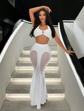 Pink Night Uzun Transparan Detaylı Beyaz Seksi Kadın Elbise Pink Night 5509 - Alternatif Görünüm