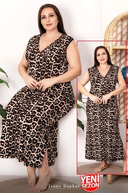 Lady V Yaka Leopar Desenli Sıfır Kollu Büyük Beden Elbise Lady 7250