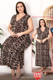 Lady V Yaka Leopar Desenli Sıfır Kollu Büyük Beden Elbise Lady 7250