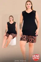 V Yaka Sıfır Kollu Büyük Beden Şortlu Pijama Takımı Lady 10041 Siyah