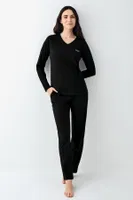 V Yaka Siyah Cepli Uzun Kollu Kadın Pijama Takımı Pierre Cardin PC9070-S Siyah detay görünüm