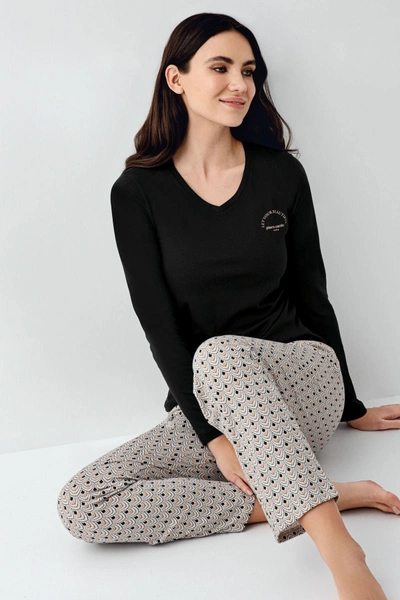 V Yaka Siyah Uzun Kollu Cepli Kadın Pijama Takımı Pierre Cardin PC9101-S