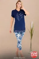 V Yaka Viskon Kısa Kollu Desenli Kadın Pijama Takımı Lady 12084 Lacivert