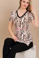 V Yaka Yırtmaçlı Kısa Kollu Taytlı Pijama Takım  Lady 12486 Siyah detay görünüm