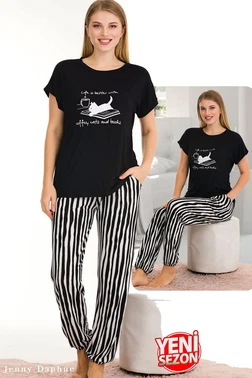 Lady Viskon Çizgi Desenli Normal Beden Bisiklet Yaka T-Shirt Pijama Takımı Lady 12560