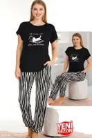 Viskon Çizgi Desenli Normal Beden Bisiklet Yaka T-Shirt Pijama Takımı Lady 12560 Siyah