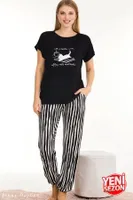 Viskon Çizgi Desenli Normal Beden Bisiklet Yaka T-Shirt Pijama Takımı Lady 12560 Siyah detay görünüm