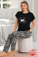 Viskon Çizgi Desenli Normal Beden Bisiklet Yaka T-Shirt Pijama Takımı Lady 12560 Siyah farklı açı