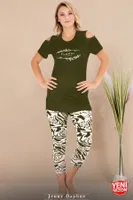 Viskon Desenli Yeşil Kısa Kollu Omuzlar Açık Kapri Pijama Takımı Lady 12070 Yeşil detay görünüm