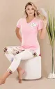 Viskon Kumaş Baskılı Kısa Kollu V Yaka T-Shirt Rahat Kesim Kapri Pijama Takımı Lady 12077