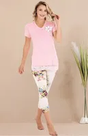 Viskon Kumaş Baskılı Kısa Kollu V Yaka T-Shirt Rahat Kesim Kapri Pijama Takımı Lady 12077 Pembe detay görünüm