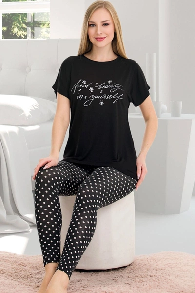 Viskon Puantiyeli Bisiklet Yaka Kısa Kol T-Shirt Pijama Takımı Lady 12565
