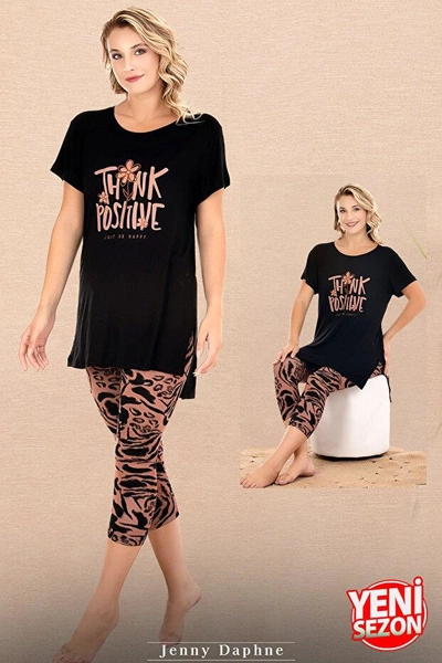Viskon V Yaka Kısa Kollu Yırtmaçlı Kapri Kadın Pijama Takımı Lady 12083