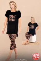 Viskon V Yaka Kısa Kollu Yırtmaçlı Kapri Kadın Pijama Takımı Lady 12083 Siyah