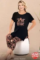 Viskon V Yaka Kısa Kollu Yırtmaçlı Kapri Kadın Pijama Takımı Lady 12083 Siyah detay görünüm