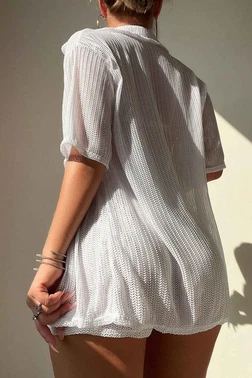 Angelsin Yaka Detaylı Gömlek Görünümlü Alt üst Şort Takım Plaj Elbisesi Pareo Angelsin MS 4380 Beyaz - Alternatif Görünüm