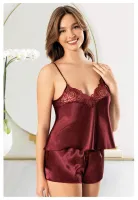 Yakası Dantel İnce Askılı Saten Şort Pijama Takımı Miss Laris 3125 Bordo