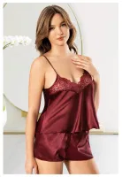 Yakası Dantel İnce Askılı Saten Şort Pijama Takımı Miss Laris 3125 Bordo detay görünüm