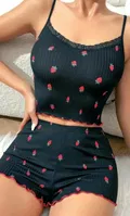 Yakası Dantelli Çilek Desenli Siyah Kısa Şortlu Pijama Takım NightLight 3798 Siyah