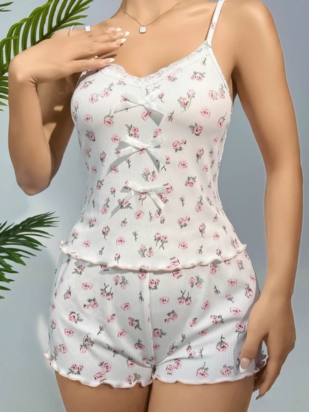 Yakası Dantelli İnce Askılı Kurdelalı Şort Pijama Takım Lily Bianca 13105