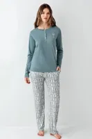 Yakası Düğmeli Desenli Uzun Kollu Cepli Kadın Pijama Takımı Arnetta AR3406-S Yeşil detay görünüm