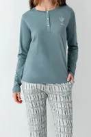 Yakası Düğmeli Desenli Uzun Kollu Cepli Kadın Pijama Takımı Arnetta AR3406-S Yeşil farklı açı