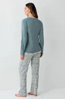 Yakası Düğmeli Desenli Uzun Kollu Cepli Kadın Pijama Takımı Arnetta AR3406-S Yeşil görsel 4