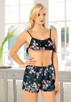 Yanları ipli Çiçek Desenli Saten Büstiyer Şort Takım Miss Laris 3068 Siyah